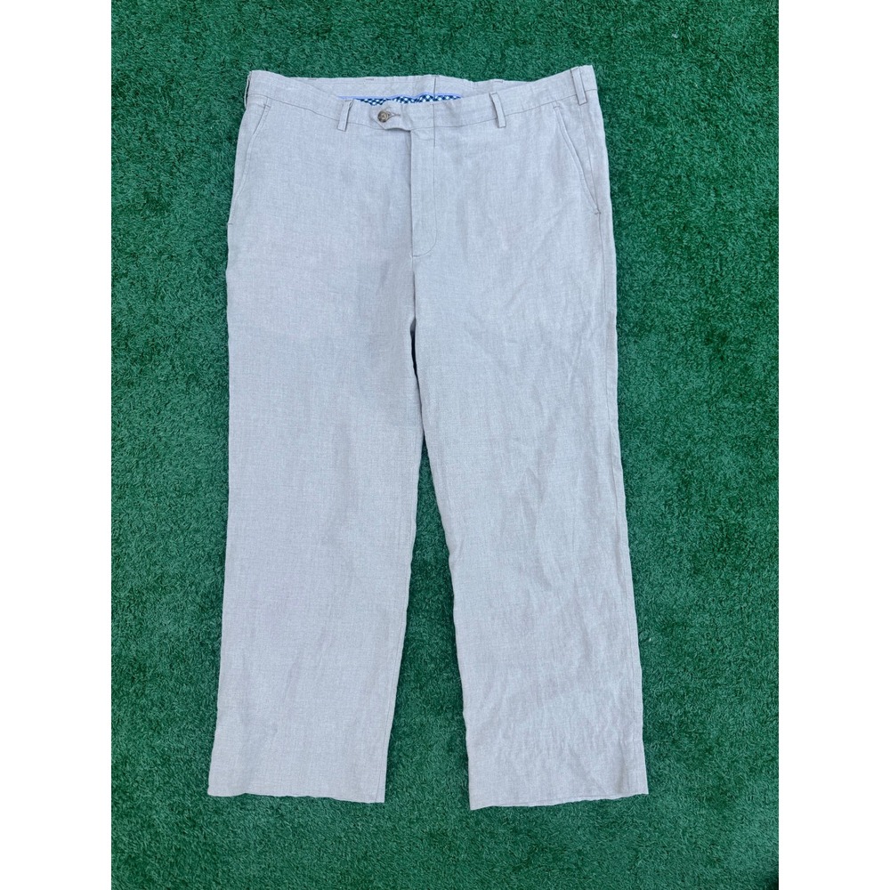 Berle Mens Linen Dress Pants Tan Flat Front‎ Gingham Lining Size 40